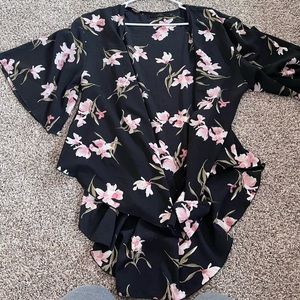 Black floral open front sheer sweater